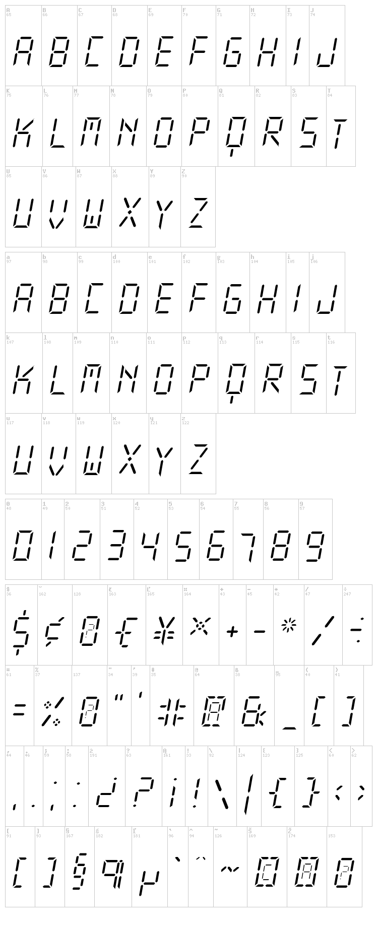New X Digital TFB font map